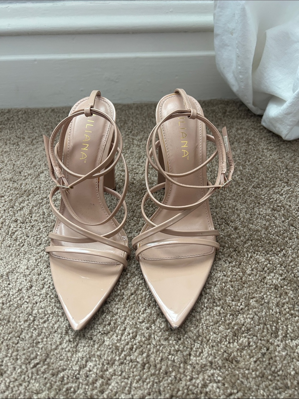 Liliana Nude Patent Pointed-Strap Heels
